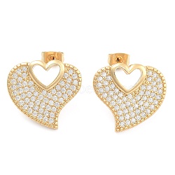 Brass Micro Pave Clear Cubic Zirconia Stud Earrings, Heart, Golden, 18x20mm(EJEW-U005-12A-G)