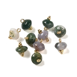 Natural Moss Agate Rondelle Charms with Rack Plating Brass Loops, Real 18K Gold Plated, Long-Lasting Plated, 9.5~11x8~8.5mm, Hole: 1.8mm(G-G110-05B-07)