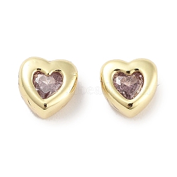 Brass Micro Pave Cubic Zirconia Beads, Real 18K Gold Plated, Heart, Pink, 5.5x5.5x3.5mm, Hole: 1mm(KK-C051-26G-04)