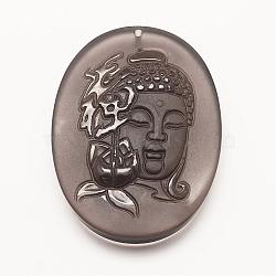 Carved Natural Obsidian Big Pendants, Flat Oval with Buddha, 52.5x39x9mm, Hole: 2mm(G-G660-54)
