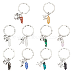 10Pcs 10 Style Bullet Gemstone Pendant Keychain, with Tibetan Style Alloy Horse & Unicorn Pendant and 304 Stainless Steel Split Key Rings, 6cm, 1pc/style(KEYC-AB00005)