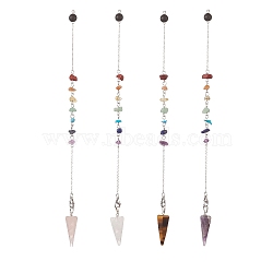 Hexagonal Cone Natural Gemstone Dowsing Pendulums, with 304 Stainless Steel Cable Chains, 246mm, Hole: 2mm, 4 style, 1pc/style, 4pcs/set(PALLOY-JF02040)