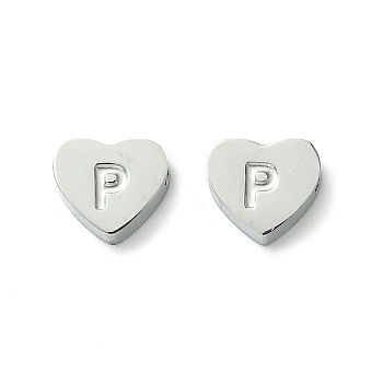316 Surgical Stainless Steel Beads, Love Heart with Letter Bead, Stainless Steel Color, Letter P, 5.5x6.5x2.5mm, Hole: 1.4mm