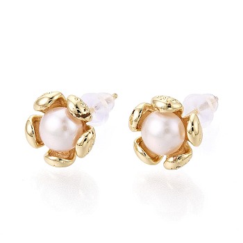 Brass & Natural Pearl Stud Earrings, Flower, Real 18K Gold Plated, 9~10mm