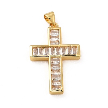 Rack Plating Brass Micro Pave Cubic Zirconia Pendants, Cadmium Free & Lead Free, Real 18K Gold Plated, Religion Cross Charm, Clear, 30x19x4mm, Hole: 5x3.5mm