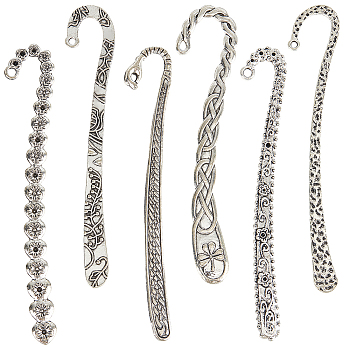 12Pcs 6 Styles Tibetan Style Alloy Bookmark Findings with Holes, Hair Stick, Clover & Flower & Palm & Branch, Antique Silver, 117~125x19.5~21x2~3.5mm, Hole: 2.5~4x2.5~3.5mm, 2pcs/style