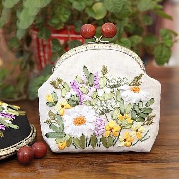 DIY Kiss Lock Bag with Flower Embroidery Kit for Beginners, Including Embroidery Cloth & Thread, Needle, Embroidery Frame, Instruction Sheet, Metal Chain with Purse Frames, White, Finish Product: 6.50x4.92x1.57 inch(165x125x40mm)