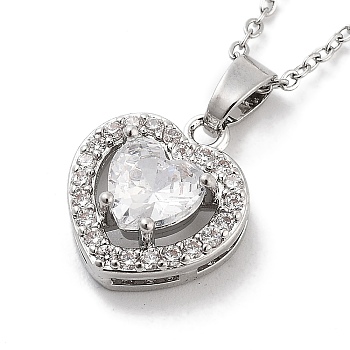 201 Stainless Steel Cable Chain Necklaces, Brass Clear Cubic Zirconia Heart Pendant Necklaces, Stainless Steel Color, 15.94 inch(40.5cm)