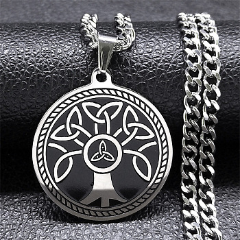 304 Stainless Steel Pendant Necklaces, Flat Round with Tree of Life and Triquetra/Trinity Knot, Stainless Steel Color, 19.69 inch(50cm)