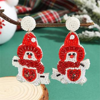 Christmas Style Beaded Earrings with Snowman Pattern and Glass Beads, Red, 65x47mm