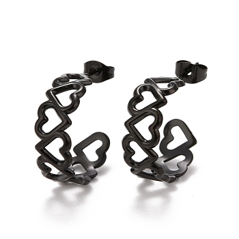 304 Stainless Steel Stud Earrings for Women, Hollow Heart Earrings, Electrophoresis Black, 21x25x8mm, Pin: 0.7mm