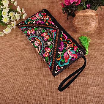 Embroidered Cloth Handbags, Clutch Bag with Zipper, Rectangle with Flower Pattern, Colorful, 140x270mm