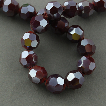 Electroplate Glass Beads Strands, Pearl Luster Plated, Imitation Jade, Faceted(32 Facets), Round, Dark Red, 8x7mm, Hole: 1mm, 72pcs/strand, 21.2 inch
