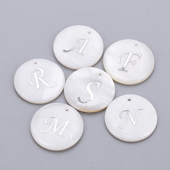 Natural Freshwater Shell Pendants, with Platinum Plated Iron Etched Metal Embellishments, Flat Round with Initial Letter, White, Random Mixed Letters, 11x2mm, Hole: 1.5mm
