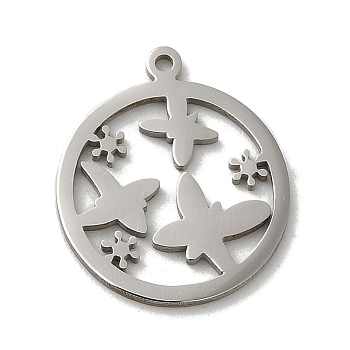 201 Stainless Steel Pendants, Stainless Steel Color, Laser Cut, Flat Round Charm, Butterfly, 15.5x13x1mm, Hole: 1mm