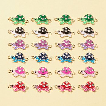 24Pcs 6 Colors Alloy Enamel Connector Charms, Tortoise Links with Crystal Rhinestone, Light Gold, Cadmium Free & Nickel Free & Lead Free, Mixed Color, 23x12x3mm, Hole: 1.5mm, 4pcs/color
