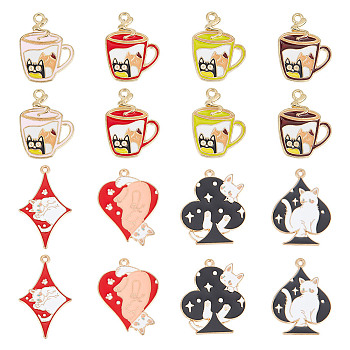 32Pcs 8 Style Alloy Enamel Pendants, Golden, Cup with Cat & Cat with Playing Cards, Mixed Color, 25~36.5x19~28x1.3mm, Hole: 1.6~1.8mm, 4pcs/style