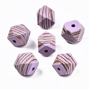 Painted Natural Wood Beads, Laser Engraved Pattern, Faceted, Polygon with Zebra-Stripe, Medium Orchid, 16x15.5~16.5x15.5~16.5mm, Hole: 3mm
