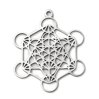 201 Stainless Steel Pendants, Laser Cut, Metatron Cube Charm, Stainless Steel Color, 33x27x1mm, Hole: 1.8mm