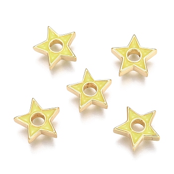 Brass Enamel Beads, Star, Real 18K Gold Plated, Yellow, 10.2x10.4x2.7mm, Hole: 2.6mm