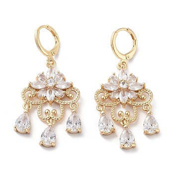 Rack Plating Golden Brass Dangle Leverback Earrings, with Cubic Zirconia, Flower, 47.5x20.5mm