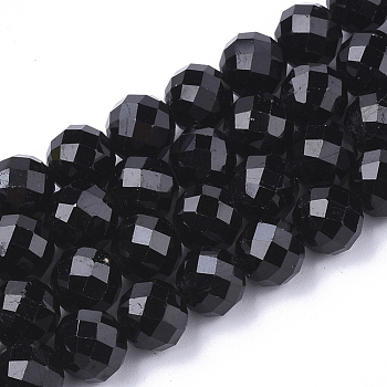 Natural Black Tourmaline Beads Strands, Faceted, Round, 9.5~10x10mm, Hole: 1mm, about 19pcs/strand, 7.48 inch