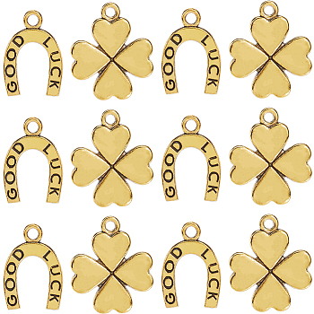 60Pcs 2 Styles Alloy Pendants, Letter U with GOOD LUCK/Clover, Antique Golden, 17.5~21x12~17.5x1.5~2.5mm, Hole: 1.5~2mm, 30pcs/style
