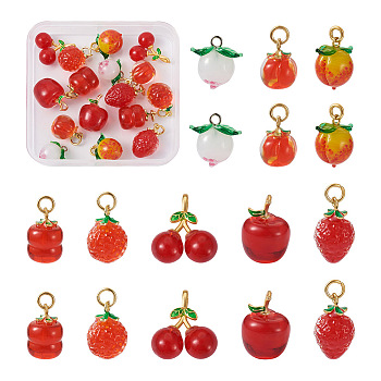 16Pcs 8 Style Handmade Lampwork Pendants, with Brass Findings, Cadmium Free & Lead Free, Peach & Cherry & Column, Red, 14.5~20x12~18x8~14mm, Hole: 2.2~4mm, 2pcs/style