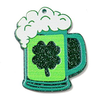 Opaque Printed Acrylic Pendants, with Glitter Powder, Saint Patrick's Day, 39.5x32.5x2mm, Hole: 1.6mm