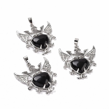 Natural Obsidian Pendants, Eagle with Heart Charms, with Rack Plating Platinum Tone Brass Findings, 36.5x33.3x6~7mm, Hole: 8x5mm