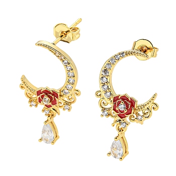 Moon & Rose Brass Micro Pave Cubic Zirconia Dangle Stud Earrings, with Red Enamel, Long-Lasting Plated, Cadmium Free & Lead Free, Real 18K Gold Plated, 23.5x14mm