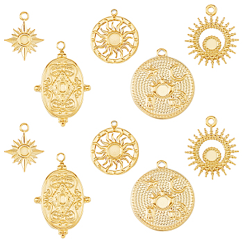 10Pcs 5 Styles 304 Stainless Steel Pendant  Cabochon Settings, Sun & Oval & Star, Mixed Shapes, Real 14K Gold Plated, Tray: 1.8~3x1.2~3mm, 12.5~14.5x12.5~16.5x1mm, Hole: 1~1.4mm, 2pcs/style