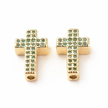 Rack Plating Brass Cubic Zirconia Beads, Cadmium Free & Lead Free, Real 18K Gold Plated, Cross, Lime Green, 15x9x4mm, Hole: 1.7mm