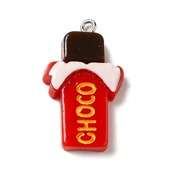 Opaque Resin Imitation Food Pendants, Chocolate Charms with Platinum Plated Iron Loops, Red, 30x18x5.5mm, Hole: 1.6mm