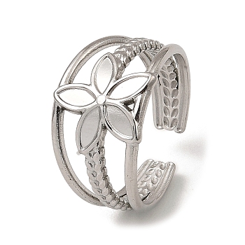 304 Stainless Steel Open Cuff Rings, Flower, Stainless Steel Color, US Size 7 3/4(17.9mm)