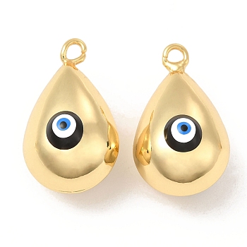 Brass Pendants, with Enamel, Real 18K Gold Plated, Long-Lasting Plated, Teardorp with Evil Eye Charm, Black, 26x15.5x15mm, Hole: 2.6mm