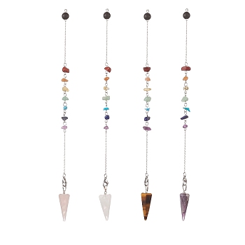 Hexagonal Cone Natural Gemstone Dowsing Pendulums, with 304 Stainless Steel Cable Chains, 246mm, Hole: 2mm, 4 style, 1pc/style, 4pcs/set