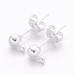 Brass Post Earring Findings, with Loop, Silver Color Plated, 15x6mm, Hole: 1mm, Ball: 4mm, Pin: 0.8mm(EC593-NFS)