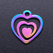 Ion Plating(IP) 201 Stainless Steel Filigree Charms, Heart with Heart, Rainbow Color, 14x13x1mm, Hole: 1.8mm(STAS-Q201-JN177)