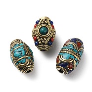 Handmade Tibetan Style Beads, with Brass Findings and Synthetic Turquoise, Antique Golden, Barrel, 21.5~25x14~16mm, Hole: 2~2.5mm(KK-G473-02AG)