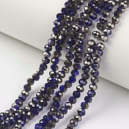 Electroplate Transparent Glass Beads Strands, Half Black Plated, Faceted, Rondelle, Marine Blue, 4x3mm, Hole: 0.4mm, about 123~127pcs/strand, 16.5~16.9 inch(42~43cm)(EGLA-A034-T4mm-P13)