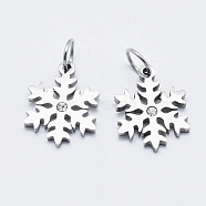 Eco-Friendly 316 Surgical Stainless Steel Micro Pave Cubic Zirconia Charms, Long-Lasting Plated, Snowflake, Stainless Steel Color, 13.5x10.5x1.5mm, Hole: 3.5mm(RB-I078-71P-NR)