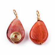 Natural Agate Pendants, with Light Gold Plated Brass Findings, Teardrop Charm, Dyed & Heated, Coral, 27~29x12.5~13.5x6~7mm, Hole: 4mm(G-N326-137-02)