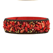 Flannelette Snap Bracelets, with Alloy Button and Natural Gemstone, Red, 65mm(2-1/2 inch)(BJEW-N0011-003E)