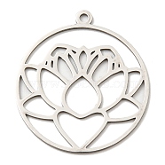 201 Stainless Steel Pendants, Laser Cut, Flat Round with Lotus Charm, Stainless Steel Color, 31x28x1mm, Hole: 1.8mm(STAS-M318-35P)