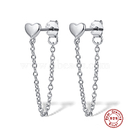 Rhodium Plated 925 Sterling Silver Heart Stud Earrings, Chains Front Back Stud Earrings, with 925 Stamp, Platinum, 24mm(QG1796-2)