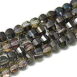Electroplate Glass Beads Strands, Rainbow Plated, Faceted, Round, Dark Khaki, 6x5x5mm, Hole: 1mm, about 95~96pcs/strand, 17.20 inch(43.7cm)(X-EGLA-Q094-A18)