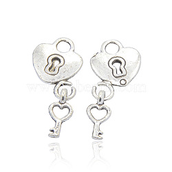 Tibetan Style Alloy Heart Pendants, Lock and Key for Valentine'Day, Antique Silver, 27x12x2mm, Hole: 3mm(PALLOY-J377-54AS)