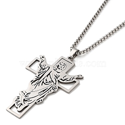 Cross Pendant Necklaces, 201 Stainless Steel Box Chaiin Necklaces, Stainless Steel Color, 23.82 inch(60.5cm)(NJEW-A023-06P)