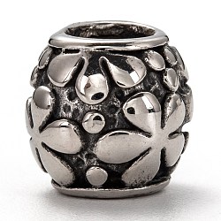 304 Stainless Steel European Beads, Large Hole Beads, Barrel with Flower, Antique Silver, 11.5x11.5mm, Hole: 6mm(STAS-I171-08AS)